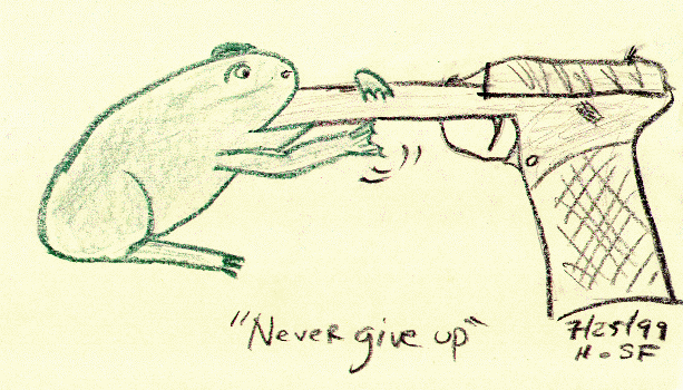 Drawing of a frog suiciding with a pistol